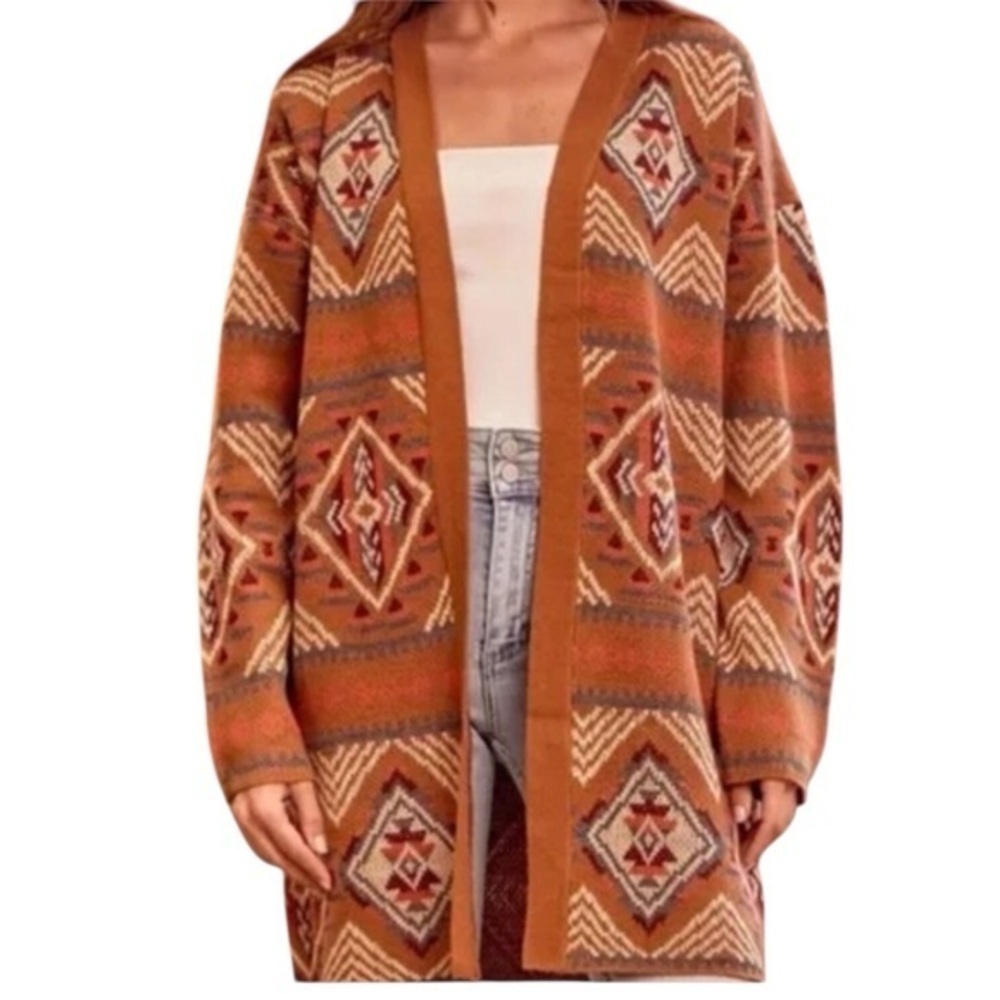 Savanna Jane Aztec Print Knit Cardigan Rust/ Orange